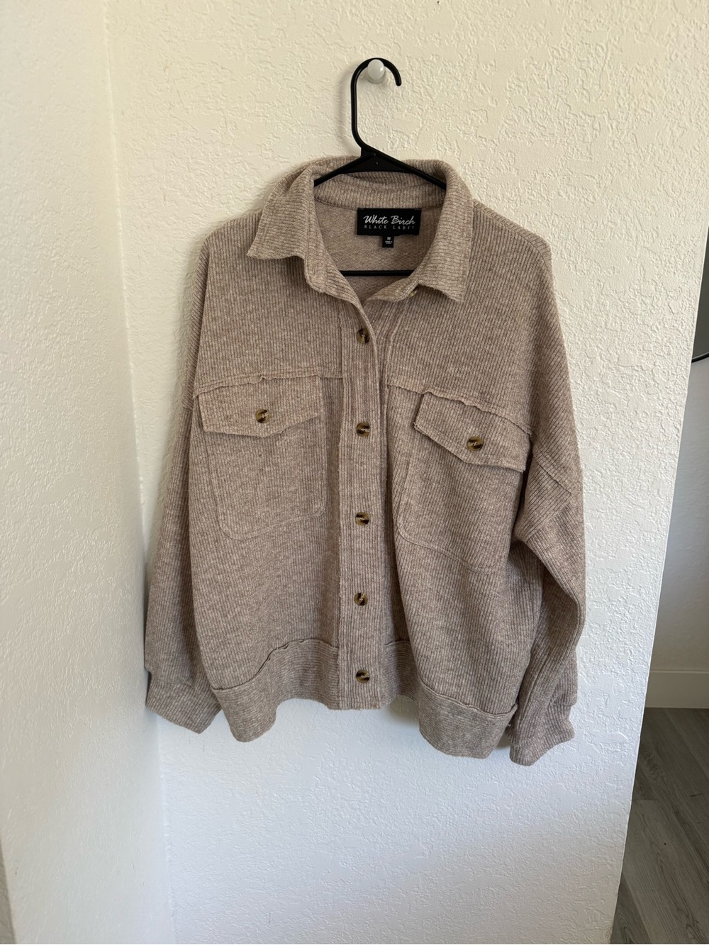 NanaMacs Neutral Ribbed Button-Up Shacket in Light Taupe